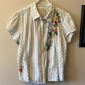 Floral Embroidered Striped Button-Up Shirt